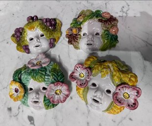 Italy Art Pottery Bacchus Face Mask Majolica - Set Of 4