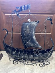 Vintage Metal Realistic Sculpture Of Viking Ship