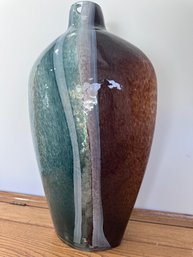 Monumental Mid-century Heavy Art Glass Vase With Bold Earth-tone Vertical