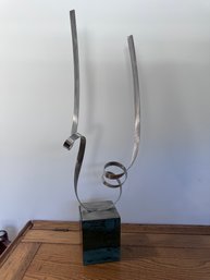 Striking Mid-Century Modern Abstract Metal Sculpture On Solid Glass Base