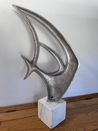 Large Mid-Century Abstract Cast Metal Sculpture Of Imposing Fish On Marble Base