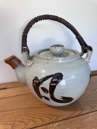 Vintage Japanese Hand-Painted Ceramic Teapot W/ Wicker Bamboo Handle