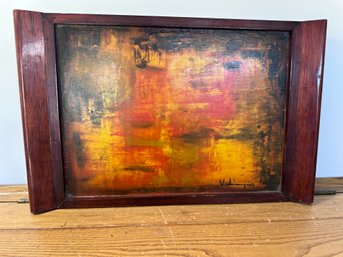 Vintage Signed Color-Rich Abstract Painting On Hangable Wood Tray