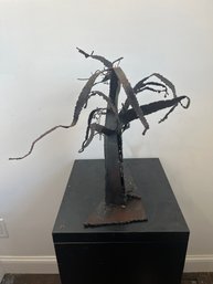 Striking Mid-Century Abstract Brutalist Torched-Steel Iron Sculpture Of Surreal Tree