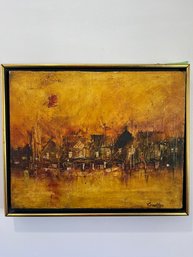 Frank Carmelitano Mid-Century Abstract Expressionist Oil Painting Of Fishing Village, Signed