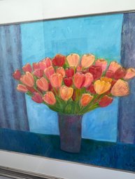 Large Captivating Tulip Still Life Painting Framed Under Glass By A. Kaufman, Signed