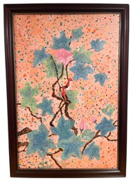 Beautiful Vintage Impressionist Oil Painting Of Bird In Tree W/ Unique Dotted Background