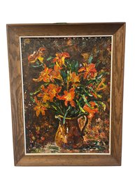 Mid-Century Floral Sill Life Oil Painting W/ Bold Impasto Style And Intense Color Palate