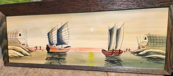 Carlo Of Hollywood - Stunning Ultra-Large Expressionist Painting Under Glass Depicting Asian Boats