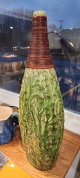 Vintage Textured Floral Art Sculptural Vase W/ Twine Wrapped Neck