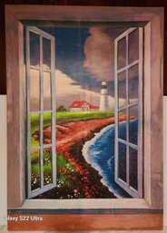 Vintage Oil Painting Of Lighthouse Landscape Through Window