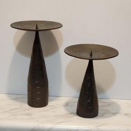 Set Of 2 Heavy Sculptural Vintage Brutalist Iron Candle Holders