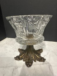 Vintage Cut Glass Lead Crystal Hand Cut Bowl Dish On Bronze Pedestal