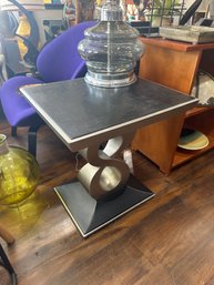 Vintage Deco-Style Black Faux Reptile-Patterned Side Table W/ Silver Finished Base