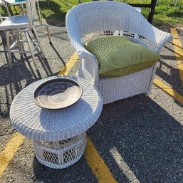 Vintage White Wicker Chair And Side Table