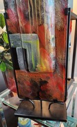 Distinctive Mid-Century 2-Sided Art Glass Fused Sculpture W/ Rich Colors And Abstract Modern Design