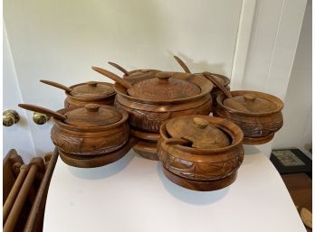 Midcentury Set Of Carved Wood Bowls