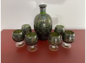 Antique Sterling Silver Overlay Emerald Green Glass Floral Liquor Decanter Set