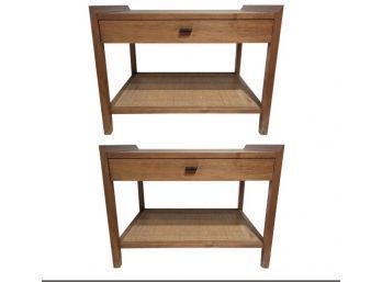 Jack Cartwright For Founders Furniture Teak / Wicker Side Tables With Drawer
