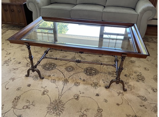 Wood Coffee Table With Glass Inlay And Iron Frame