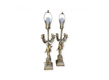 Pair Of Vintage Mid Century Cherub Lamps With Candelabra