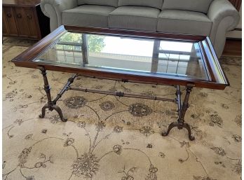 Wood Coffee Table With Glass Inlay And Iron Frame
