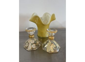 Yellow Blown Glass Vase And Hand Painted Floral Candle Sticks