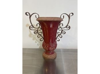 Pretty Ceramic Burnt Red Vase With Scroll Metal Handles -  Made In Philippines