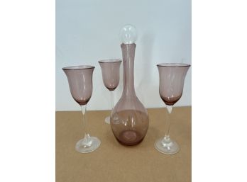 Charles Correll Hand Blown Signed Decanter With 3 Matching Glasses