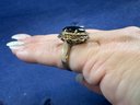 14K Yellow Gold Jade Ring Vintage With Scalloped Edge, Size 6