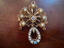 Vintage 14K Yellow Gold And Opal Pendant Pin With Diamond Simulant
