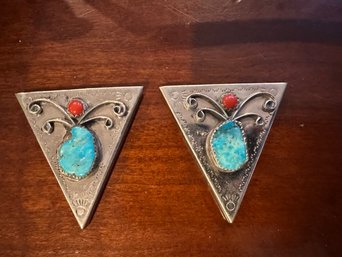 Silver, Turquoise And Coral Collar Tips - Lot 2, Large