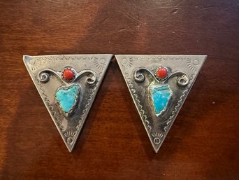Silver, Turquoise And Coral Collar Tips - Lot 1 Large
