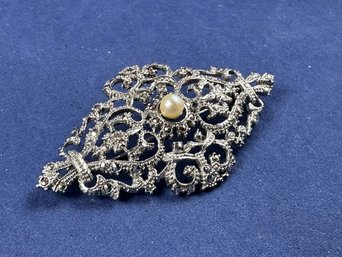 Sterling Silver, Marcasite And Pearl Pin Brooch