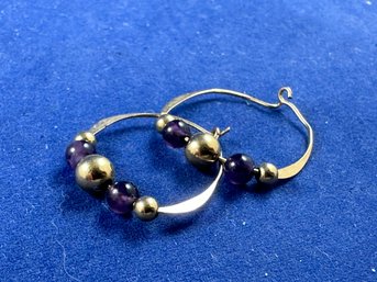 14K Yellow Gold Hoop Earrings With Amethyst Cabachon Beads