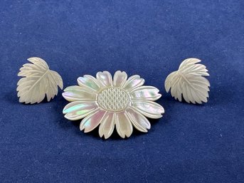 Carved Mother Of Pearl Daisy Pin And Leaf Earrings