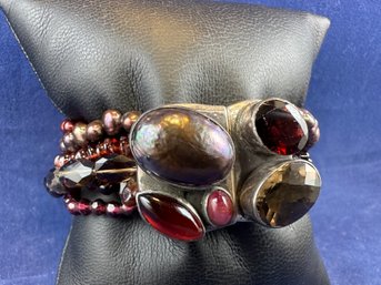 Amy Kahn Russell Sterling Silver, Freshwater Pearl, Garnet And Amber Quartz Bracelet, 8'