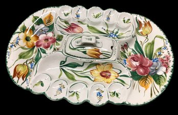 Hand Painted, Made In Italy, Fruit Flowers Art Pottery, 20' Platter With Bowl Lid