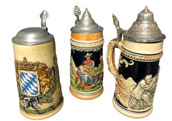 Lot Of Three(3) German Beer Stein  With Pewter Lids