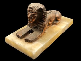 Bronze Colored Cast Metal Egyptian Sphinx Paperweight  On Alabaster Base