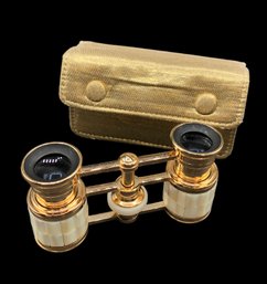 Beautiful, Vintage Gold Tone  And Mother Of Pearl (?) Opera Glasses In Gold Case And Original Box