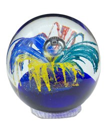Fifth Avenue Crystal Paperweight, Large Round Art Glass, Paperweight, Red, Blue, Teal, Yellow Burst