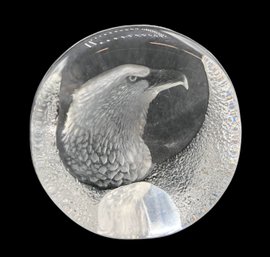 Mat Jonasson Small Crystal Glass Eagle Paperweight, Signed, 2.75' Round