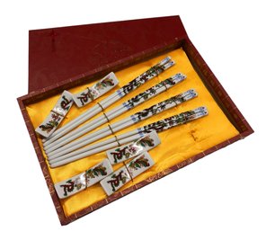 Ceramic Chopstick Set Of 4 With Stands, Decorative Display Box