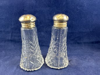 Pair Glass Salt And Pepper Shaker With Sterling Silver Lid, 3.25'