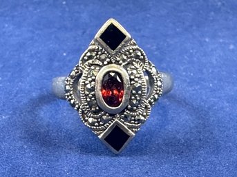Vintage Sterling Silver Garnet, Onyx And Marcasite Ring, Size 9