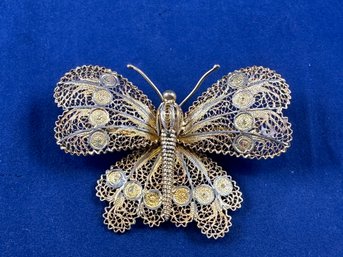 Gold Over Sterling Silver Filagree Butterfly Pin Brooch