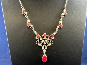 Sterling Silver Non Translucent Ruby? And Pearl Necklace 16- 18'