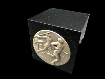 Unique Silver Disc Of Track Athletes Mounted On Acrylic Cube