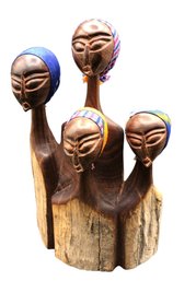 Wooden Hand Carved Four Headed Folk Art Statue